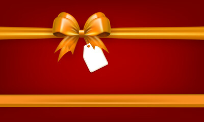 Wall Mural - Template of wallpaper with golden realistic 3d bow with silk horizontal ribbon and paper label tag on red background with copy space for text. Banner with yellow bow knot as holidays gift box decor