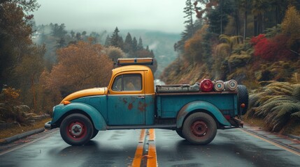  a blue and yellow truck driving down a road in the middle of a forest with lots of trees on both sides of the road and a foggy sky in the background.