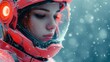  a close up of a person wearing a helmet and holding a cell phone in front of her face with snow falling on the ground and snowflakes behind her.