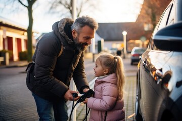 Father teaching daughter to charge electric car at station