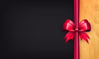 Wall Mural - Black banner with pink realistic 3d bow and empty space for text. Dark wallpaper with silk bow and vertical ribbon as frame for greeting card or gift box for wedding, birthday, valentines day, etc