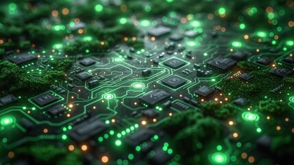 Canvas Print -  a close up view of a computer circuit board with green and yellow lights in the middle of the circuit board and trees in the middle of the circuit board,.