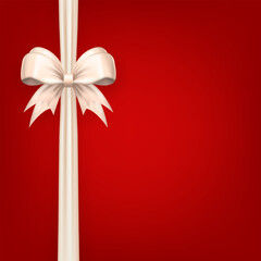 Wall Mural - Square card wit realistic 3d beige bow with vertical silk ribbons on bright red background with copy space for text. White satin bow with tapes as gift, present wrapping element or frame for card
