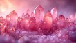  a group of pink crystals sitting on top of a pile of ice flakes on top of a purple and pink surface with a pink sky in the back ground.