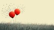  a couple of red balloons floating in the air over a field of tall grass with a flock of birds flying in the sky over the top of the field of the balloons.