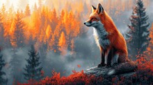  A Painting Of A Red Fox Sitting On A Rock In Front Of A Forest Filled With Orange And Yellow Trees And Foggy Sky In The Foreground Is A Full Of Fog.