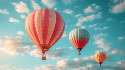 Wall Mural -  a group of hot air balloons flying through a blue sky with puffy white clouds in the foreground and a blue sky with a few clouds in the foreground.