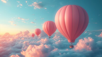 Canvas Print -  a group of hot air balloons floating in the sky above a group of clouds with a sunset in the background and a blue sky filled with white clouds and pink.