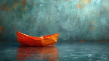  An Orange Boat Floating On Top Of A Body Of Water Next To A Painting Of A Green And Blue Wall With A Red Boat In The Middle Of The Water.