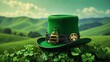 A whimsical leprechaun hat, complete with a golden buckle and a sprig of lucky shamrocks, set against a backdrop of rolling green hills.