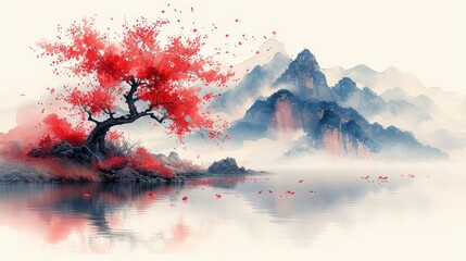 Poster -  a painting of a tree in the middle of a body of water with mountains in the background and red leaves in the foreground, and a foggy sky.