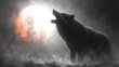  a black and white photo of a wolf with its mouth open in the middle of a foggy night with the sun shining through the clouds and the wolf's head.