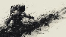  A Black And White Photo Of A Man In A Space Suit With A Fire Hydrant In Front Of Him And Smoke Coming Out Of The Back Of His Face.