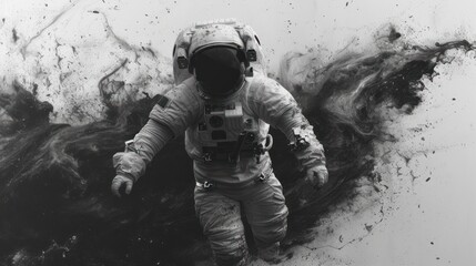 Sticker -  a black and white photo of a man in an astronaut's suit and space suit, with smoke swirling around him, in front of a black and white background.