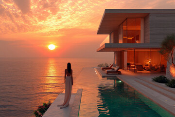 modern large villa overlooking the ocean with woman seen from the back wearing a beautiful long fitted summer dress as she looks out over the sea with a setting sun