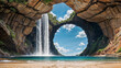 Fantasy landscape of towering circular rock formation arches and high waterfall cascading down into the ocean, idyllic summer paradise island, hidden cove with sandy beach. 