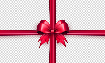 Wall Mural - Realistic 3d cute pink bow with horizontal and vertical silk ribbon isolated on transparent background. Three dimensional satin bow with crossed tapes as gift wrapping element or present decoration