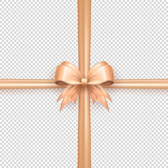 Wall Mural - Template of beige realistic 3d bow knot with crossed ribbon on transparent background. Cute glossy three dimensional crisscross tied bow with silk tape as gift wrapping element or present decoration