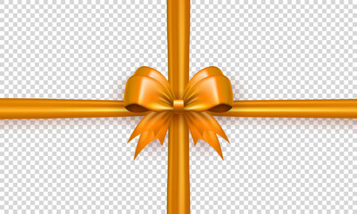 Wall Mural - Realistic 3d golden bow with horizontal and vertical silk ribbon isolated on transparent background. Three dimensional yellow satin bow with crossed tape as gift wrapping element or present decoration