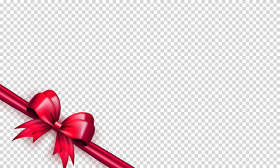 Wall Mural - Realistic 3d cute pink bow on the corner with diagonally silk ribbon on transparent background. Three dimensional satin bow with tapes as frame for greeting card or gift box package, present wrapping