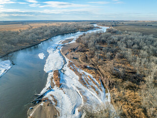 Wall Mural - aerial view of the South Platte RIver and plains in eastern Colorado in winter scenery