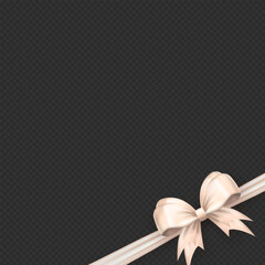 Wall Mural - Realistic 3d cute white bow on the corner with diagonally silk ribbon on transparent background. Three dimensional satin bow with tapes as frame for greeting card or gift box package, present wrapping