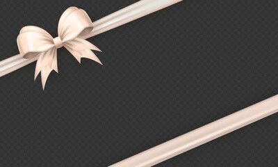 Wall Mural - Template of white realistic 3d bow knot with crossed ribbon in the corner on transparent background. Three dimensional diagonally tied gift bow with silk tape for present wrapping or greeting postcard