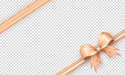Wall Mural - Template of beige realistic 3d bow knot in the corner with diagonally ribbon on transparent background. Bright glossy three dimensional tied bow with silk tape as present package, gift box wrapping