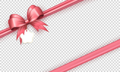 Wall Mural - Realistic 3d cute pink bow on the corner with diagonally silk ribbon on transparent background. Three dimensional satin bow with tapes as frame for greeting card or gift box package, present wrapping