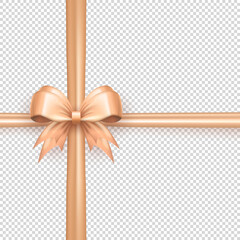 Wall Mural - Template of beige realistic 3d bow knot with crossed ribbon on transparent background. Cute pastel three dimensional criss cross tied gift bow with silk tape  for present wrapping or greeting postcard