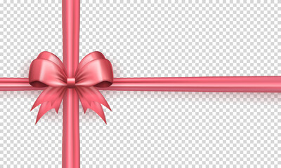 Wall Mural - Realistic 3d cute pink bow with horizontal and vertical silk ribbon isolated on transparent background. Three dimensional satin bow with crossed tapes as gift wrapping element or present decoration