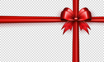 Wall Mural - Template of red realistic 3d bow knot with crossed ribbon on transparent background. Bright glossy three dimensional criss-cross tied bow with silk tape as gift wrapping element or present decoration