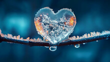 Heart Made Of Frozen Ice Is Attached To A Tree Branch, Shallow Depth Of Field