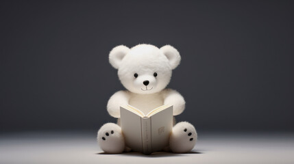 Wall Mural - illustration of a white teddybear reading a book against gray background with copy space