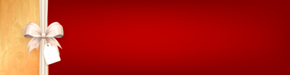 Wall Mural - Panoramic banner, header with realistic 3d white bow with vertical silk ribbon and paper label tag, golden frame on red background with copy space for text. Bow for gift box, greeting card for holiday