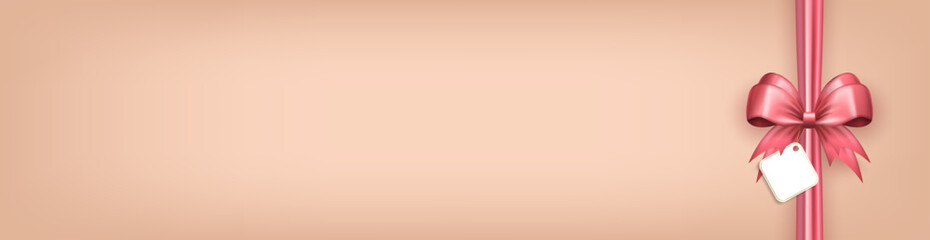 Wall Mural - Panoramic banner with realistic 3d pink bow with vertical silk ribbon and white label tag on beige background. Wallpaper, header with bow frame and sticker - gift box present wrapping or greeting card