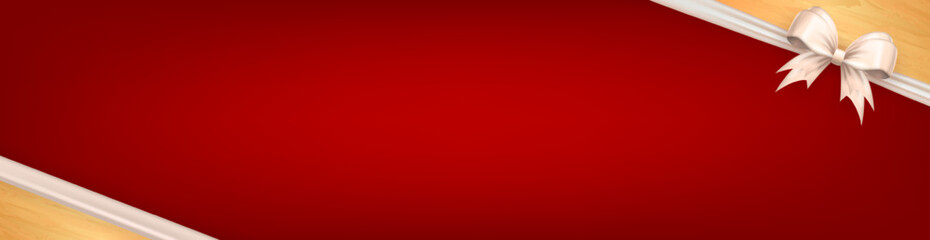Wall Mural - Luxury red panoramic banner with white realistic 3d bow and copy space for text. Silk beige bow in the corner with ribbon and golden frame for greeting card or gift box wrapping with empty place