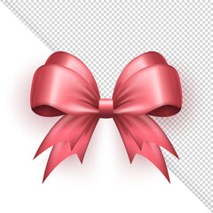 Wall Mural - 3d realistic glossy cute bow isolated on transparent background. Pastel colored pink gift ribbon for greeting cards, present wrapping, celebration banner. Template of packaging element