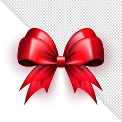 Wall Mural - Three dimensional red realistic glossy festive bow on transparent background. 3d decorative silk bright scarlet gift ribbon for present packaging or greeting card. Template of vector tie box
