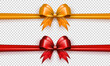 Set of golden and red realistic 3d bows with horizontal ribbon on transparent background. Yellow and scarlet three dimensional bow knots with silk tapes as gift wrapping element or present decoration
