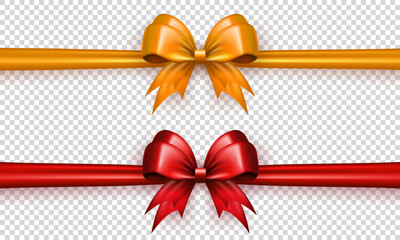 Wall Mural - Set of golden and red realistic 3d bows with horizontal ribbon on transparent background. Yellow and scarlet three dimensional bow knots with silk tapes as gift wrapping element or present decoration