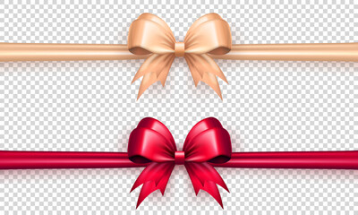Wall Mural - Set of three dimensional realistic red and beige bow knots with satin horizontal ribbon on transparent background. Template of 3d silk gift bows for present wrapping or greeting postcards 