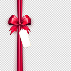 Wall Mural - Realistic 3d pink bow with vertical silk ribbons and white label tag for text on transparent background. Three dimensional satin bow with tapes as gift, present wrapping element or frame for card