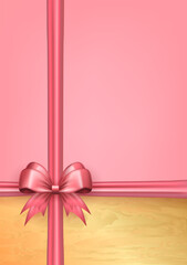 Wall Mural - Vertical banner with realistic 3d pink bow knot with crossed ribbons, golden frame and copy space. Poster with criss-cross tied bow with silk tape as gift wrapping element or present decor for holiday