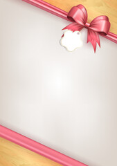Wall Mural - Template of vertical banner with pink bow ribbon and paper label tag in the corner as frame and copy space for text on white background. Greeting card - gift box with realistic 3d tied bow and sticker