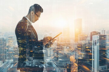 A businessman works on a digital tablet, his image superimposed on a cityscape, representing the concept of real estate business development