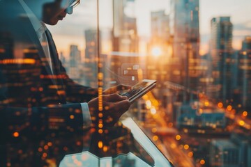 A businessman works on a digital tablet, his image superimposed on a cityscape, representing the concept of real estate business development