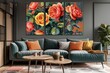 Oil painting with flower rose, leaves. Botanic print background on canvas - triptych In Interior, art.
