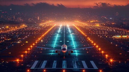 Glow of the runway guides the plane, a beacon in the night