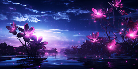 abstract exotic pink and purple flowers, blue sky and water fantasy landscape background